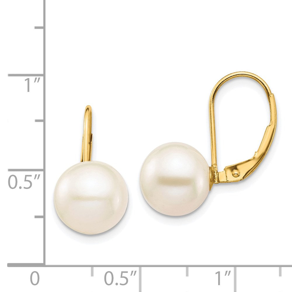 14K Yellow Gold 9 10mm White Round Freshwater Cultured Pearl Leverback Earrings