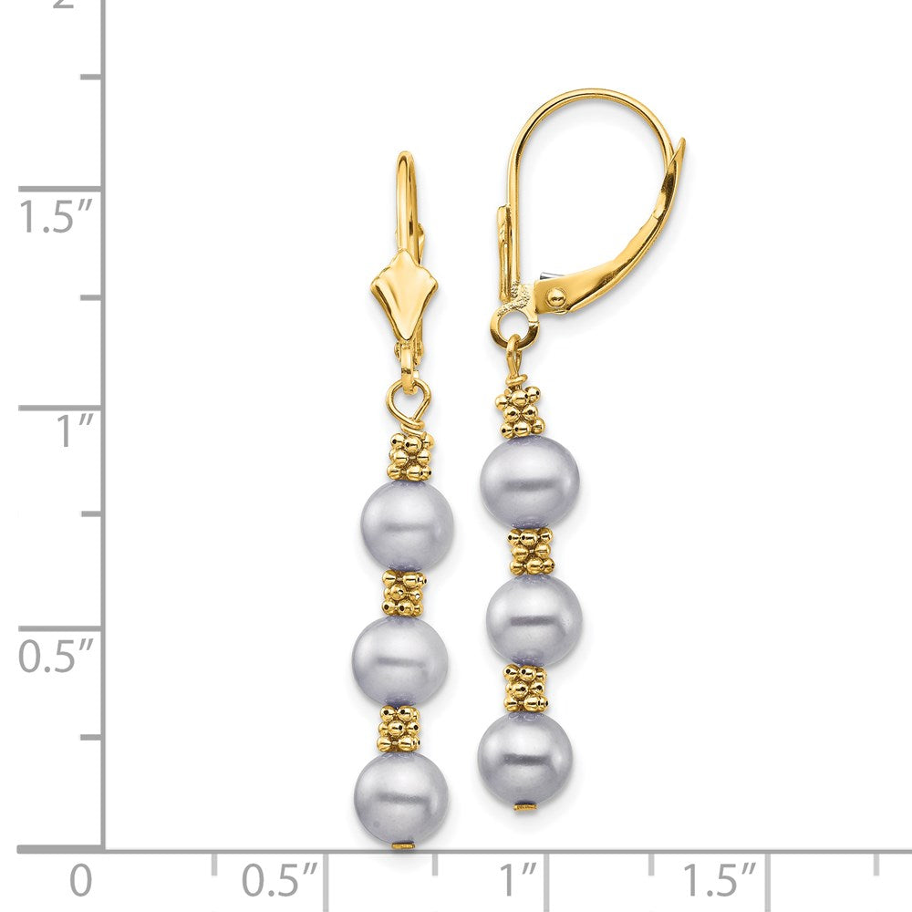 14K Yellow Gold 5 6mm Grey Semi Round Freshwater Cultured Pearl Dangle Leverback Earrings