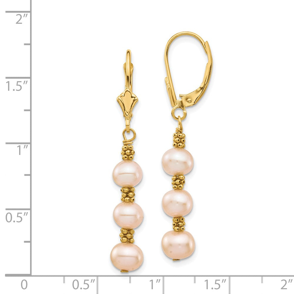 14K Yellow Gold 5 6mm Pink Semi Round Freshwater Cultured Pearl Dangle Leverback Earrings