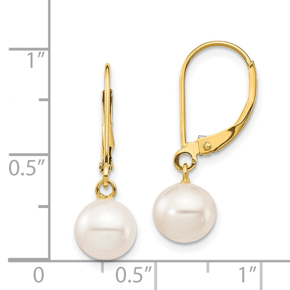 14K Yellow Gold 7 8mm White Round Freshwater Cultured Pearl Dangle Leverback Earrings