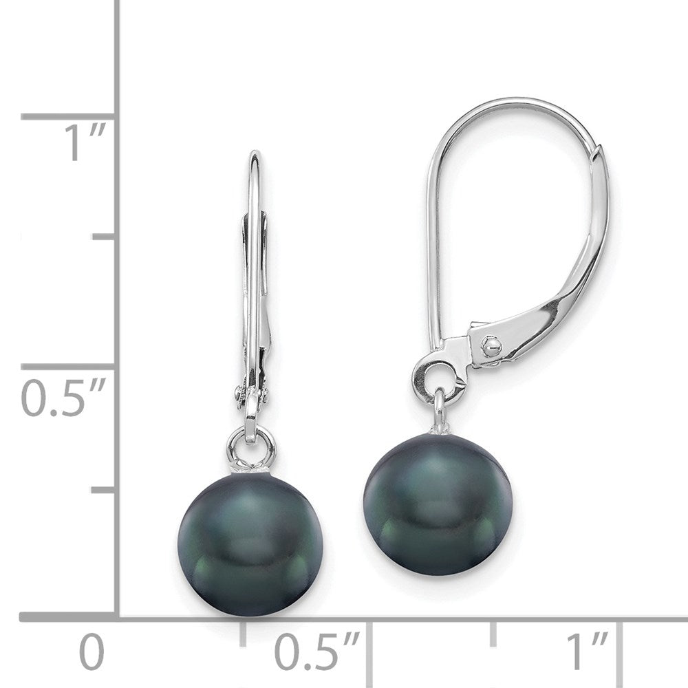 14K White Gold 7 8mm Black Round Freshwater Cultured Pearl Dangle Leverback Earrings