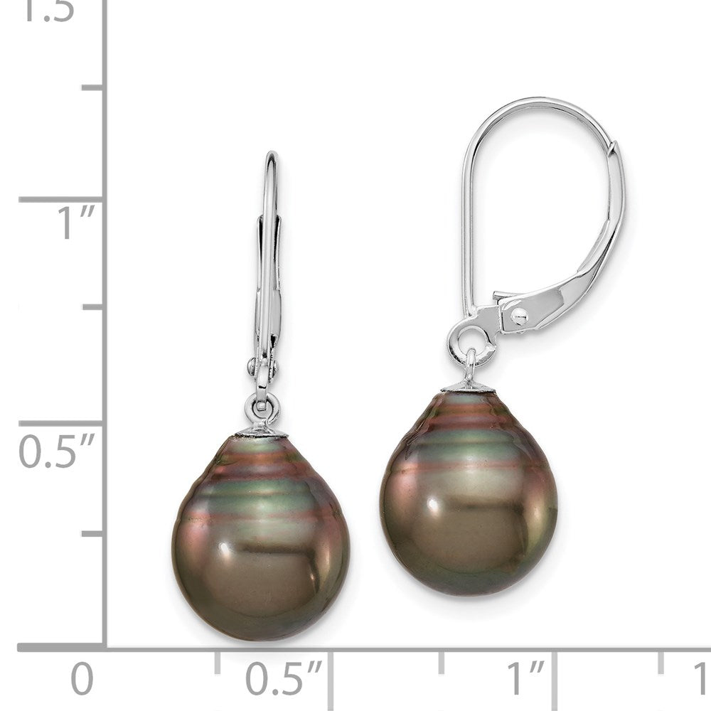 14K White Gold 10 11mm Black Teardrop Tahitian Saltwater Cultured Pearl Leverback Dangle Earrings