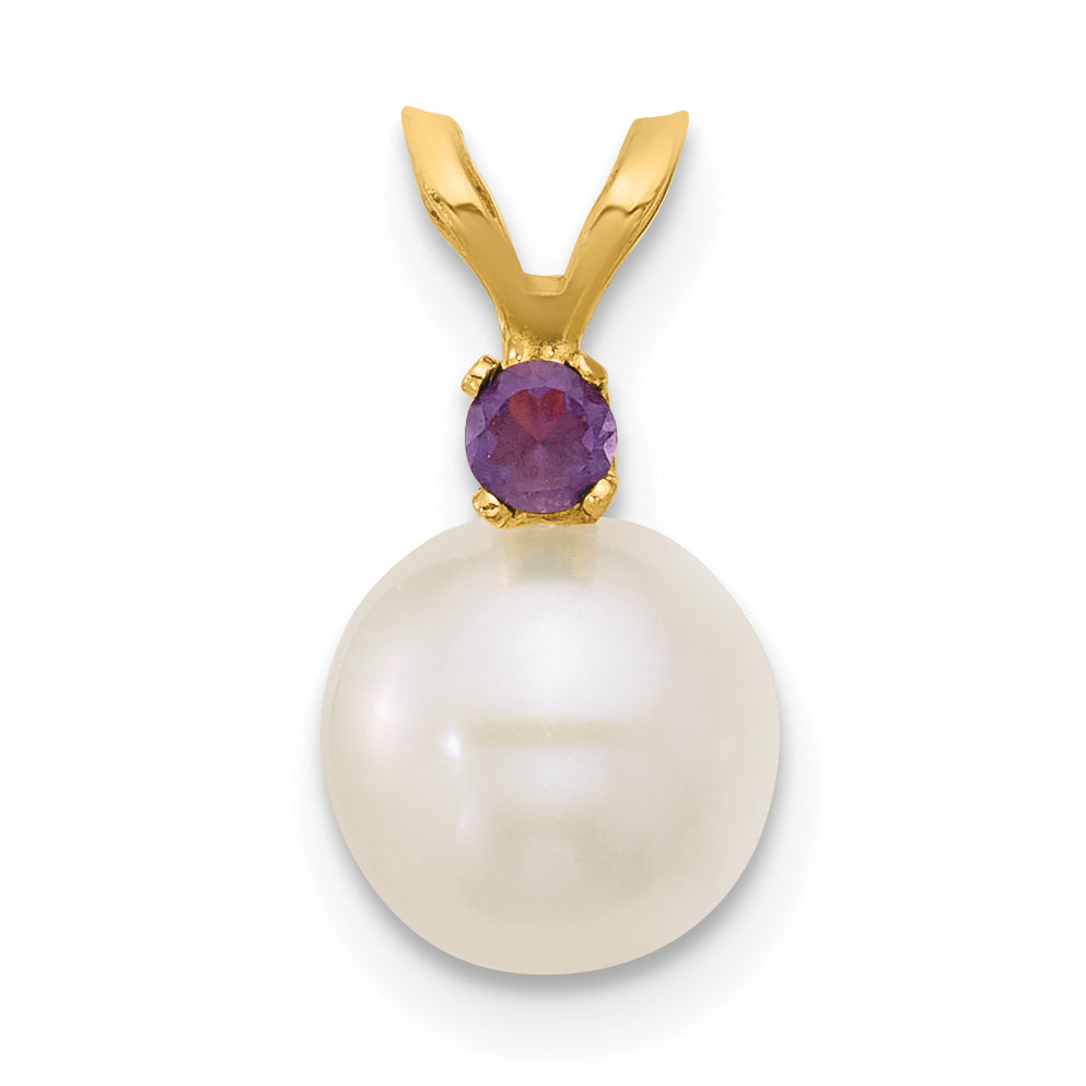 14k Yellow Gold 14k 7-7.5mm White Round Freshwater Cultured Pearl and .07AM Amethyst Pendant