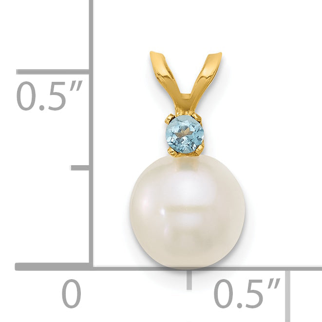 14k Yellow Gold 14k 7-7.5mm White Round Freshwater Cultured Pearl and .09BT Swiss Blue Topaz Pendant