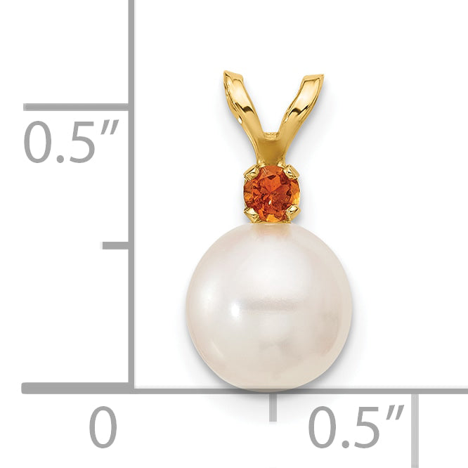 14k Yellow Gold 14k 7-7.5mm White Round Freshwater Cultured Pearl and .07CI Citrine Pendant