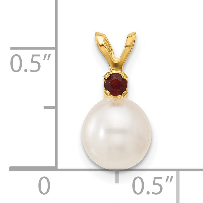 14k Yellow Gold 14k 7-7.5mm White Round Freshwater Cultured Pearl and .09GA Garnet Pendant