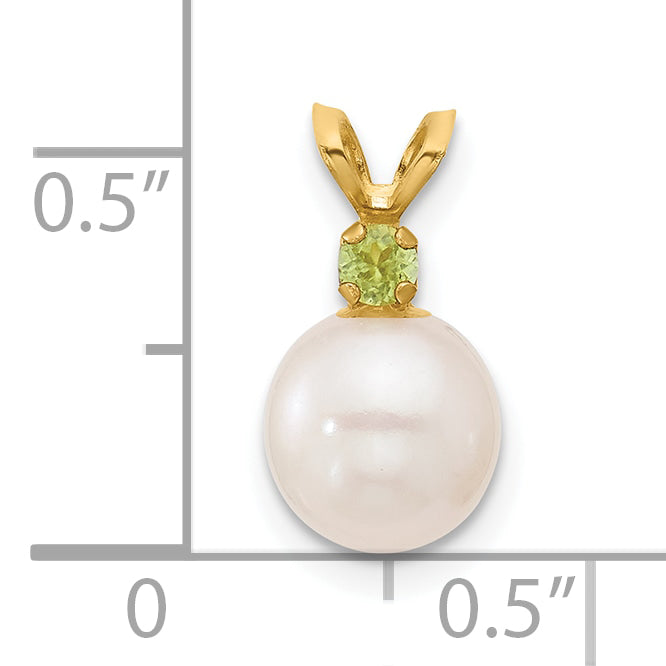 14k Yellow Gold 14k 7-7.5mm White Round Freshwater Cultured Pearl and .07PE Peridot Pendant