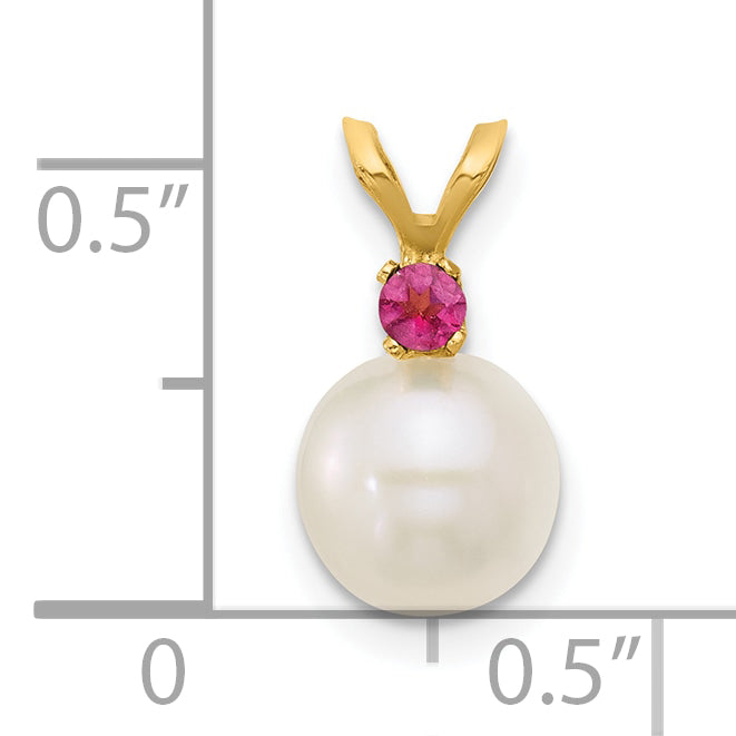 14k Yellow Gold 14k 7-7.5mm White Round Freshwater Cultured Pearl and .07PT Pink Topaz Pendant