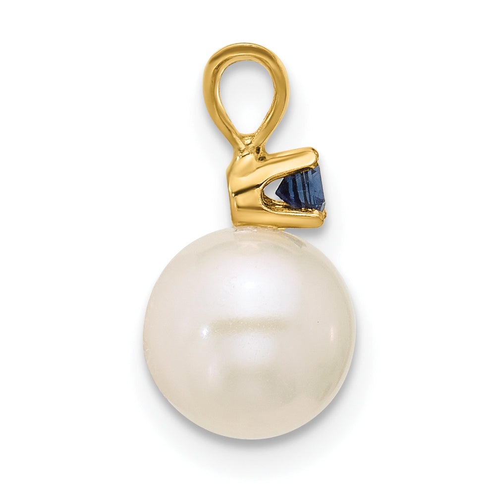 14k Yellow Gold 14k 7-7.5mm White Round Freshwater Cultured Pearl and .09SA Sapphire Pendant