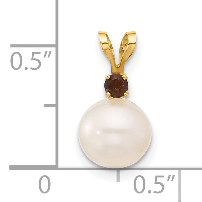 14k Yellow Gold 14k 7-7.5mm White Round Freshwater Cultured Pearl and .09SQ Smoky Quartz Pendant