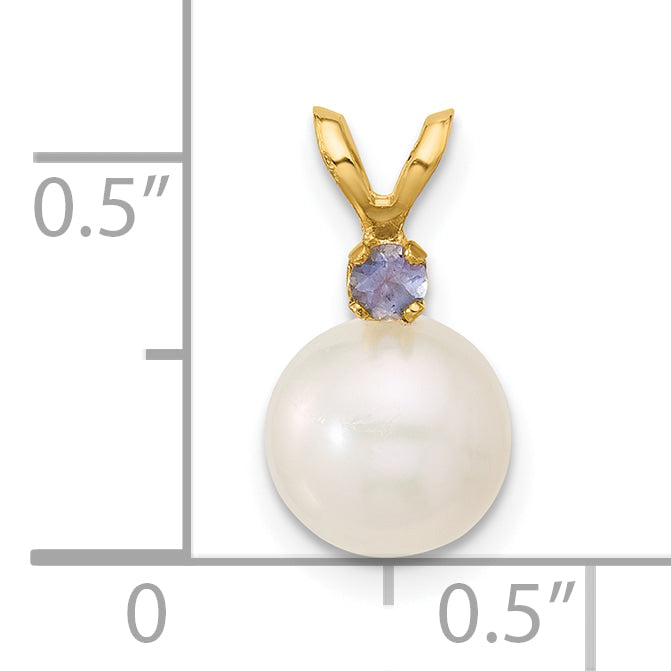 14k Yellow Gold 14k 7-7.5mm White Round Freshwater Cultured Pearl and .07TZ Tanzanite Pendant