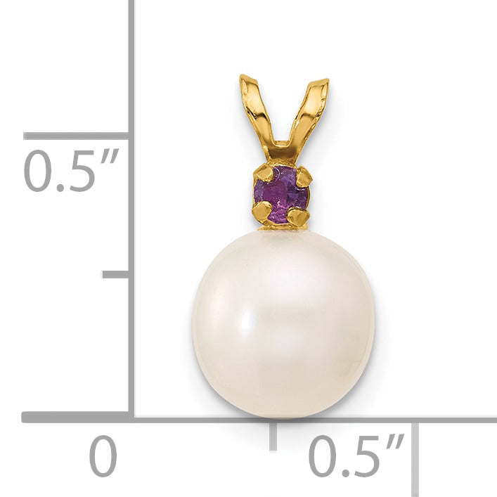 14k Yellow Gold 14k 8-8.5mm White Round Freshwater Cultured Pearl and .07AM Amethyst Pendant