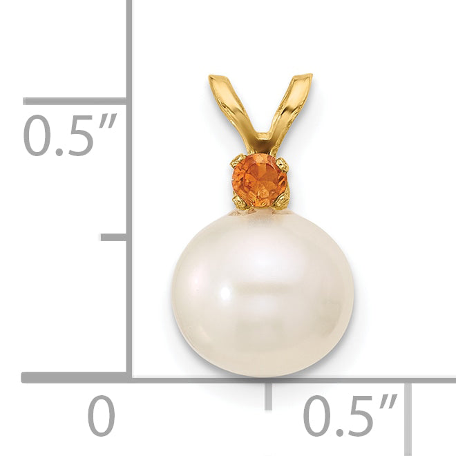 14k Yellow Gold 14k 8-8.5mm White Round Freshwater Cultured Pearl and .09CI Citrine Pendant