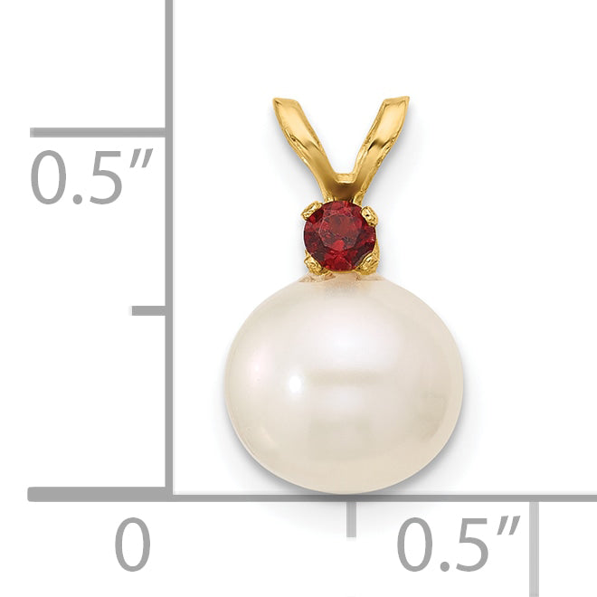 14k Yellow Gold 14k 8-8.5mm White Round Freshwater Cultured Pearl and .09GA Garnet Pendant