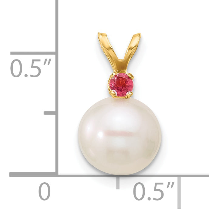 14k Yellow Gold 14k 8-8.5mm White Round Freshwater Cultured Pearl and .07PT Peridot Pendant