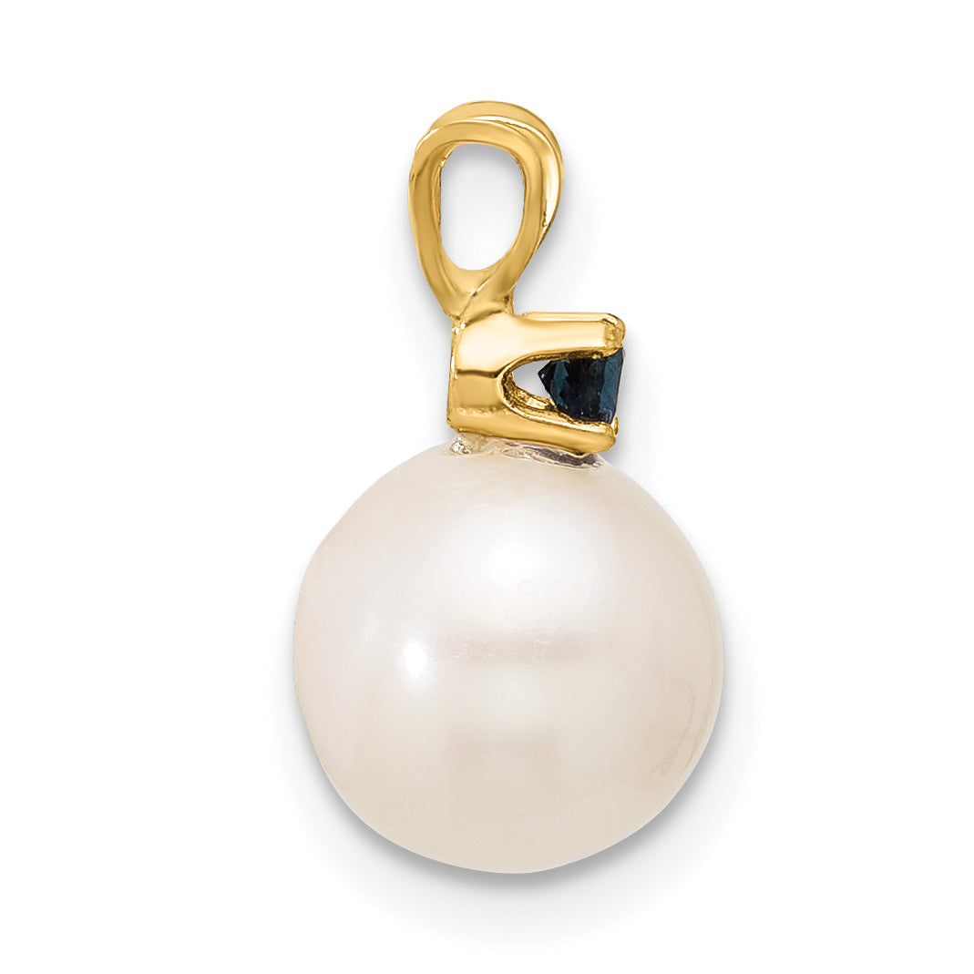 14k Yellow Gold 14k 8-8.5mm White Round Freshwater Cultured Pearl and .09SA Sapphire Pendant