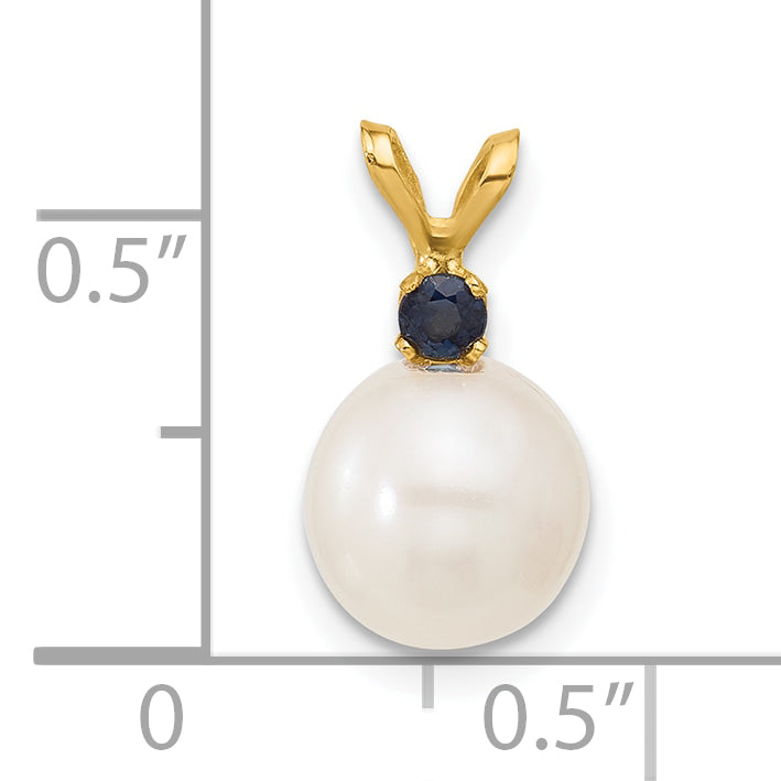 14k Yellow Gold 14k 8-8.5mm White Round Freshwater Cultured Pearl and .09SA Sapphire Pendant