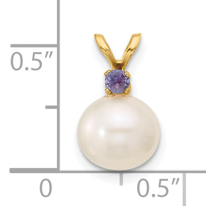 14k Yellow Gold 14k 8-8.5mm White Round Freshwater Cultured Pearl and .07TZ Tanzanite Pendant
