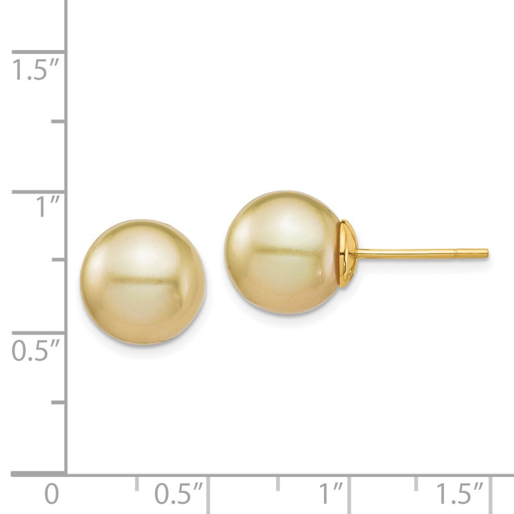 14K Yellow Gold 10 11mm Round Golden South Sea Saltwater Cultured Pearl Post Earrings