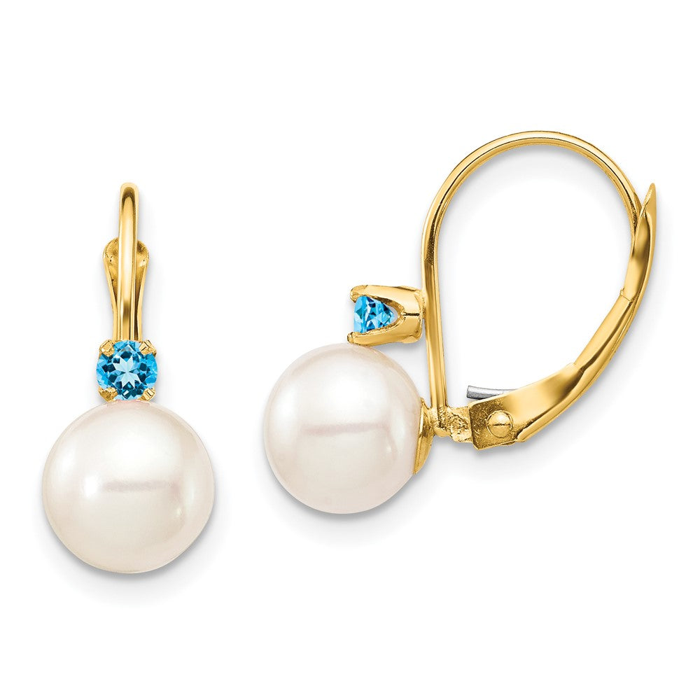 14K Yellow Gold 7 7.5mm White Round Freshwater Cultured Pearl And .18Bt Swiss Blue Topaz Leverback Earrings