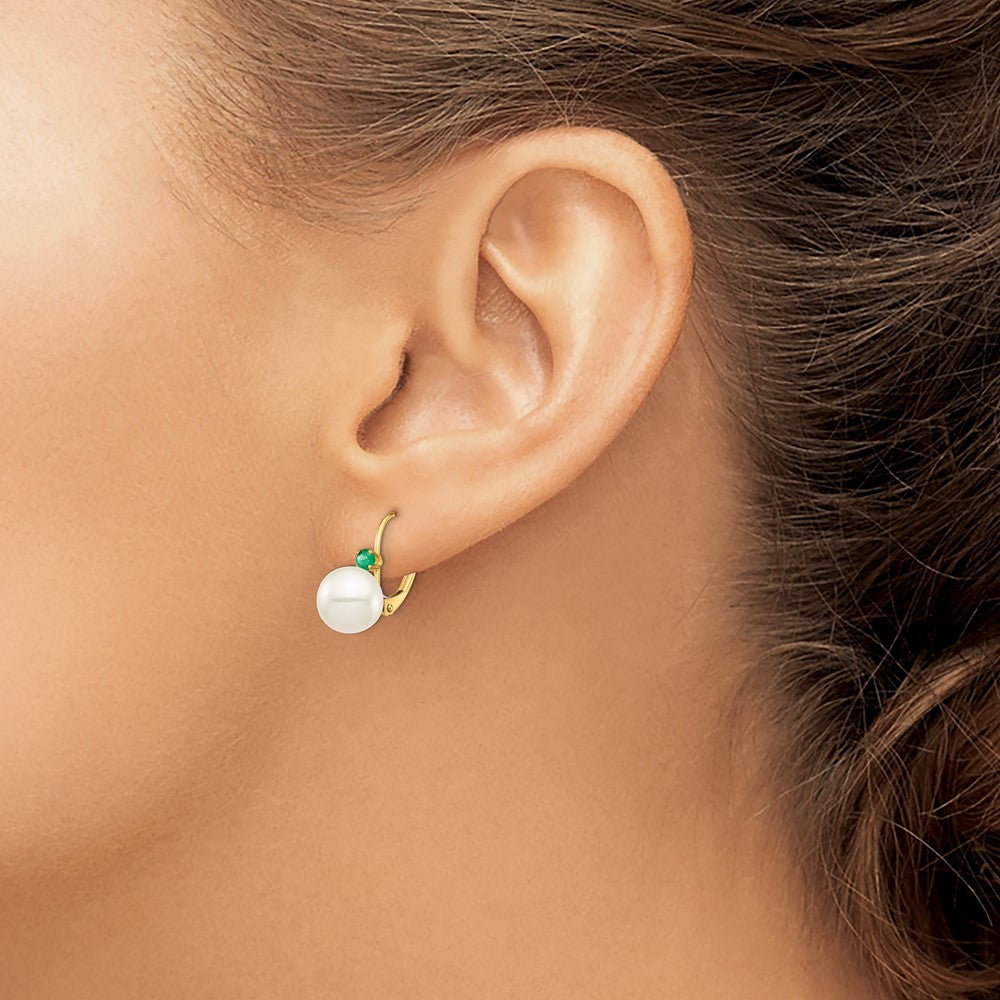 14K Yellow Gold 8 8.5mm White Round Freshwater Cultured Pearl And .18Em Emerald Leverback Earrings
