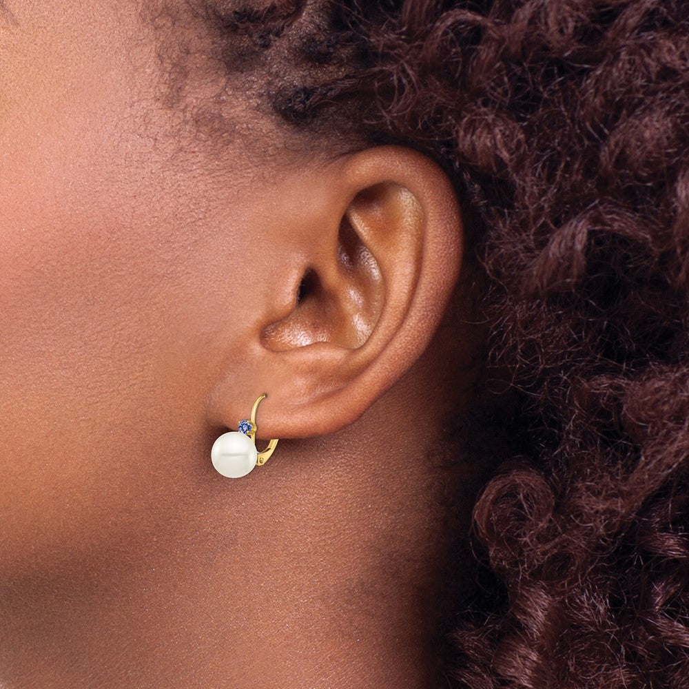 14K Yellow Gold 8 8.5mm White Round Freshwater Cultured Pearl And .14Tz Tanzanite Leverback Earrings