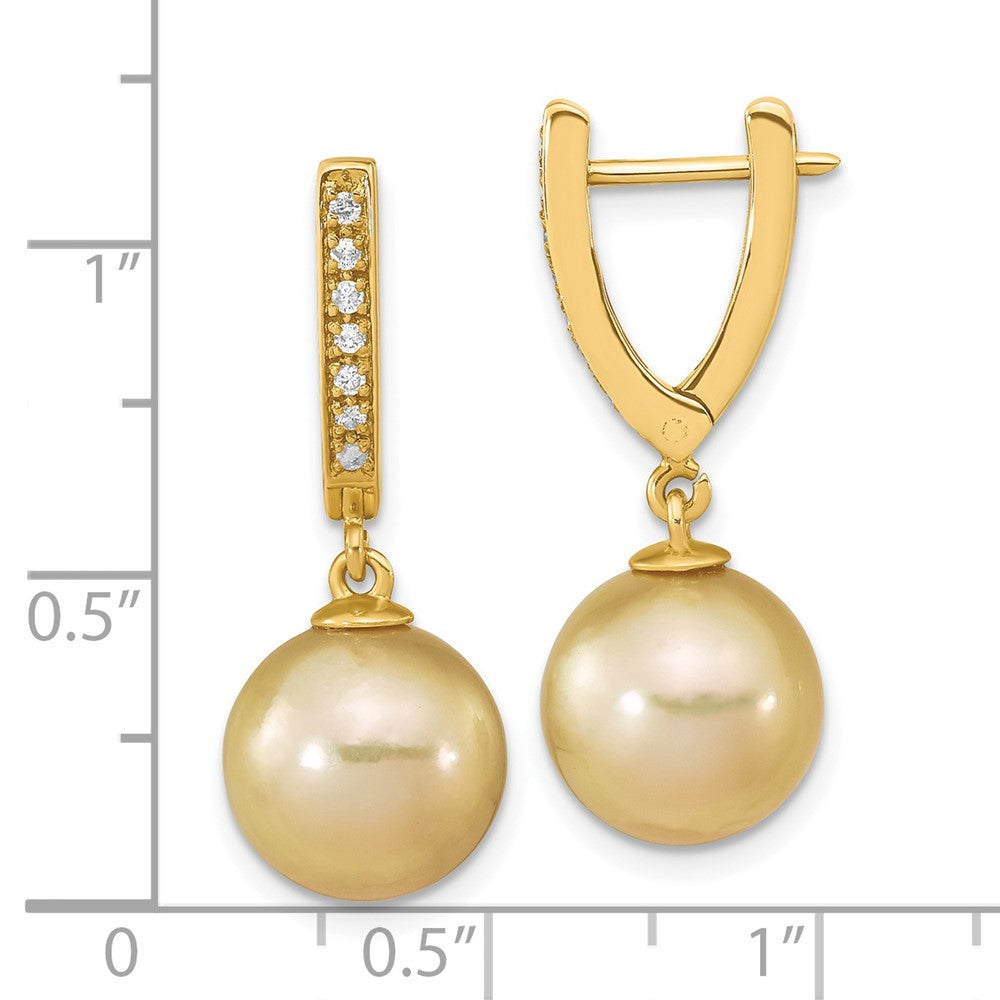 14K Yellow Gold 10 11mm Round Golden South Sea Saltwater Cultured Pearl And .105 Carat Diamond Dangle Earrings
