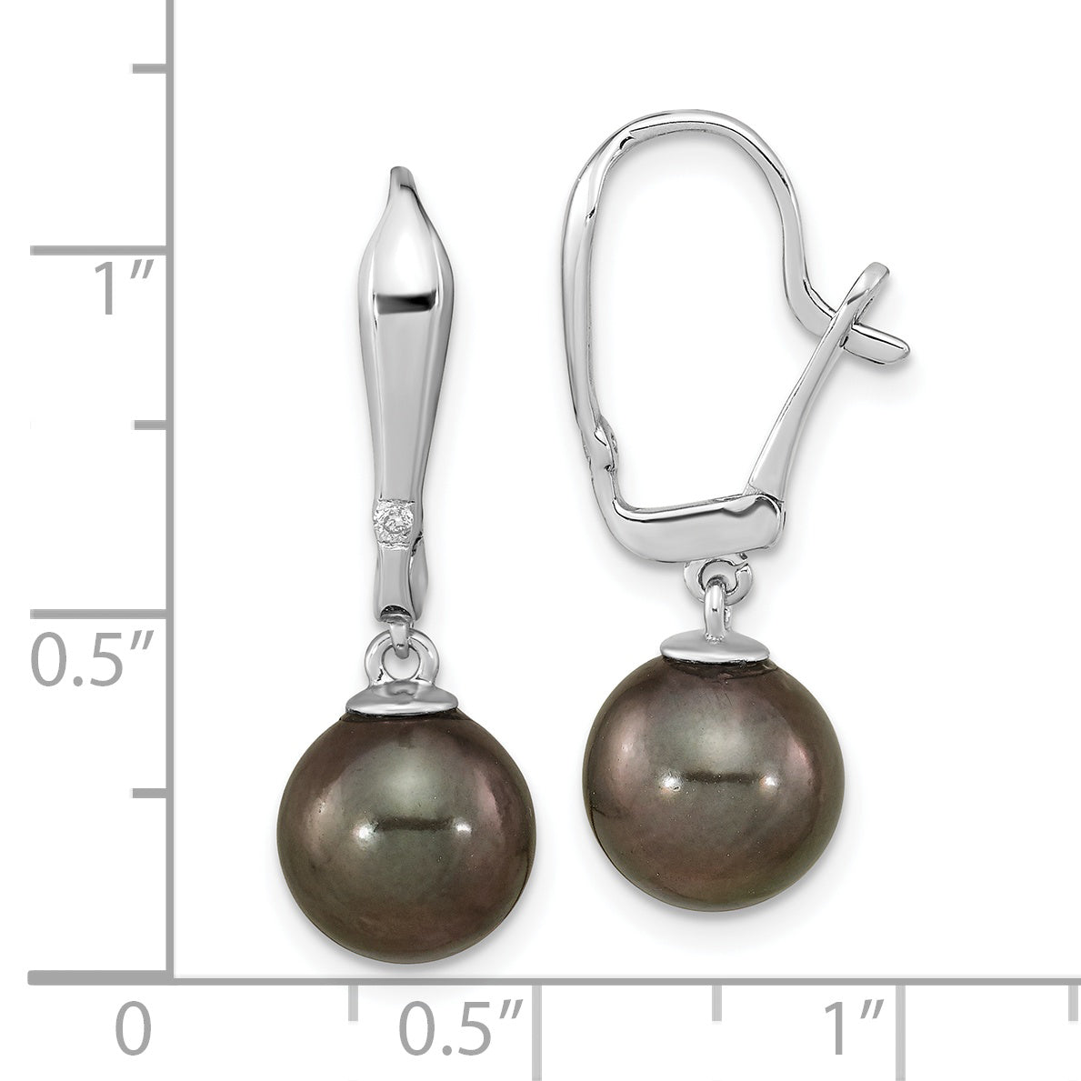 14K White Gold 9 10mm Black Round Tahitian Saltwater Cultured Pearl And .02 Carat Diamond Leverback Dangle Earrings