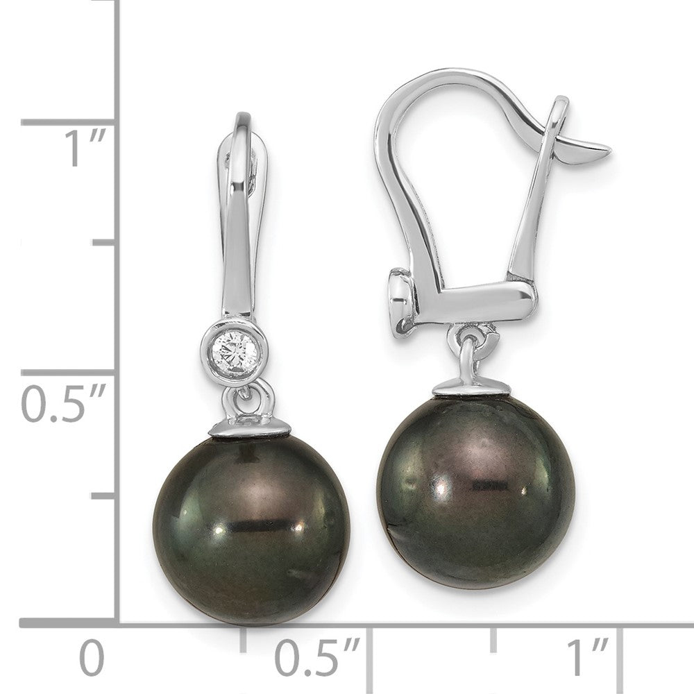 14K White Gold 9 10mm Black Round Tahitian Saltwater Cultured Pearl And .10 Carat Diamond Leverback Dangle Earrings