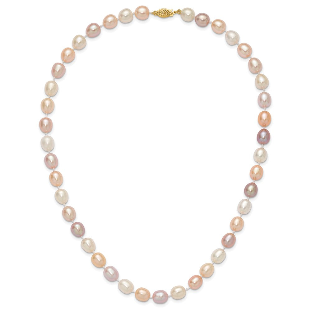 14K Yellow Gold 8 9mm Pink/Purple/White Alternating Color Rice Freshwater Cultured Pearl 18 Inch Necklace