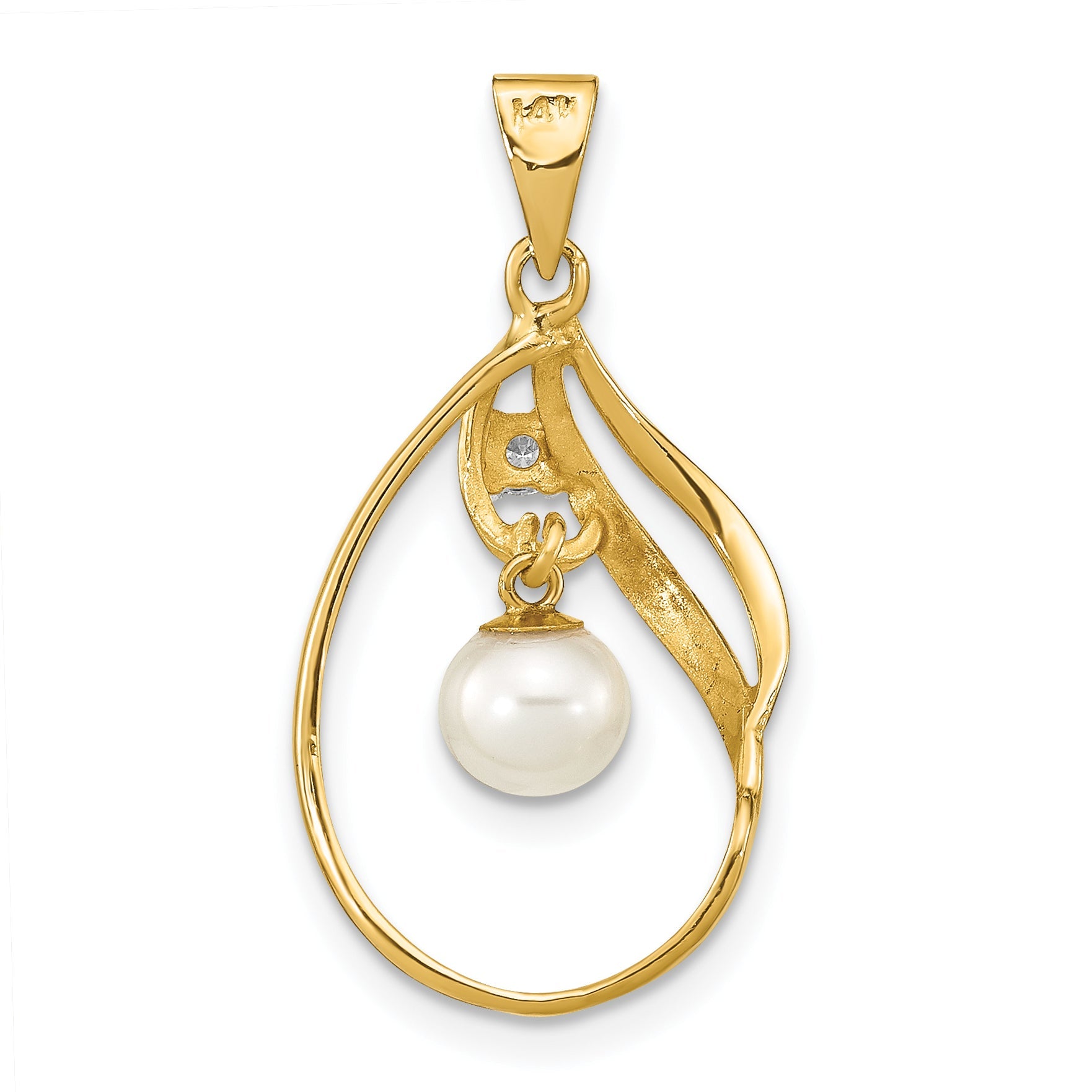 14k Yellow Gold 14k 5-6mm White Round Freshwater Cultured Pearl and .05 Carat Diamond Pendant
