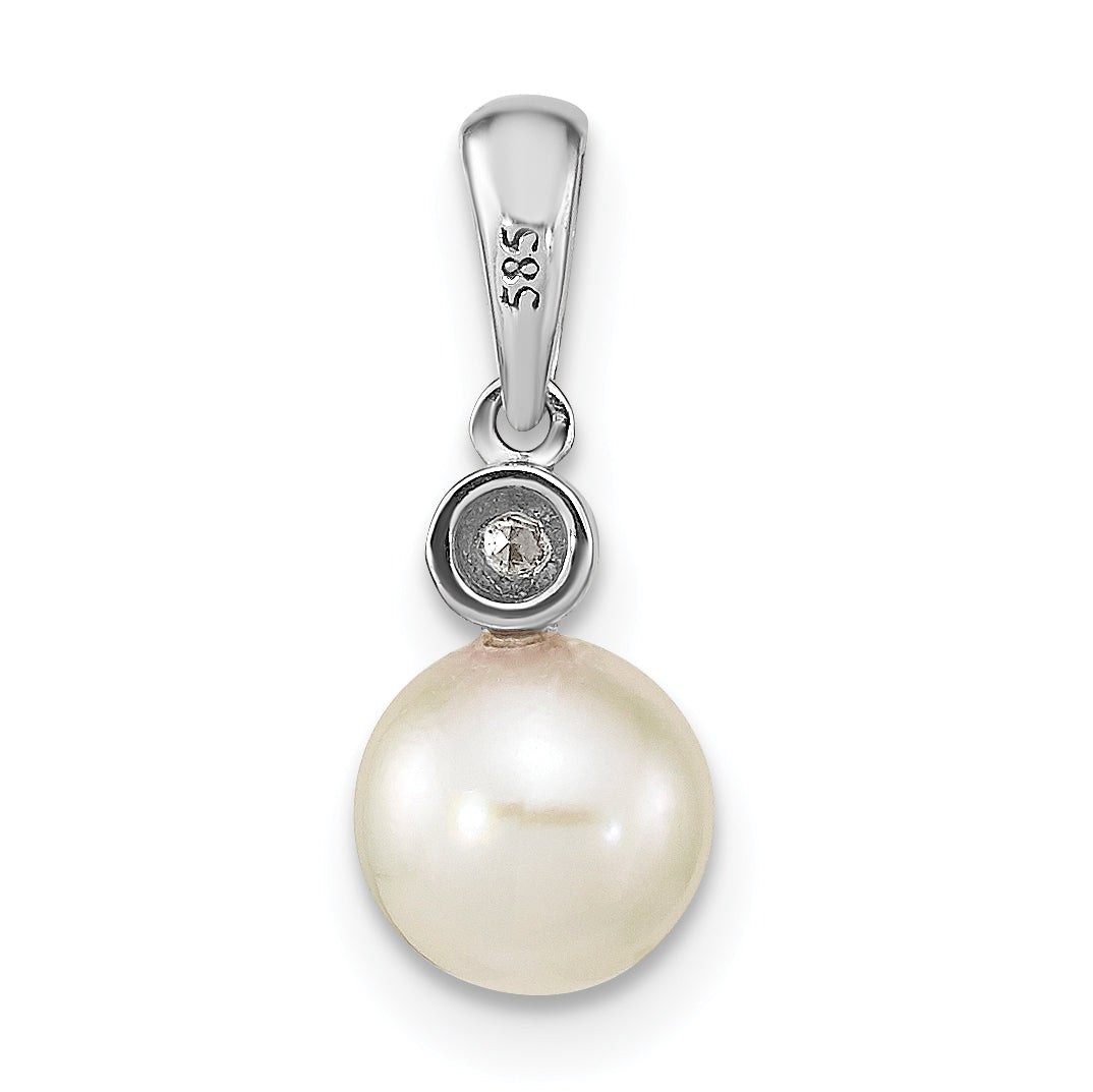 14k White Gold 14k White Gold 6-7mm Round White Akoya Saltwater Cultured Pearl and .05 Carat Diamond Pendant