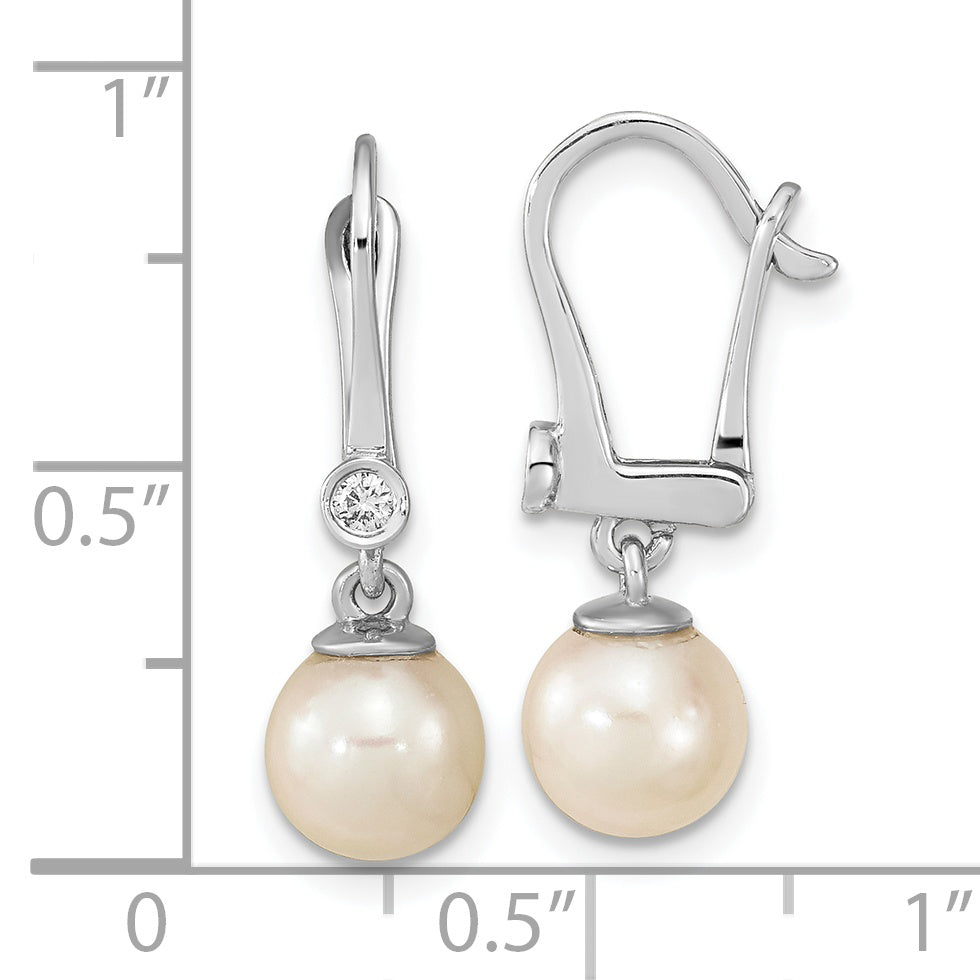 14K White Gold 7 8mm Round Akoya Saltwater Cultured Pearl And .05 Carat Diamond Dangle Earrings