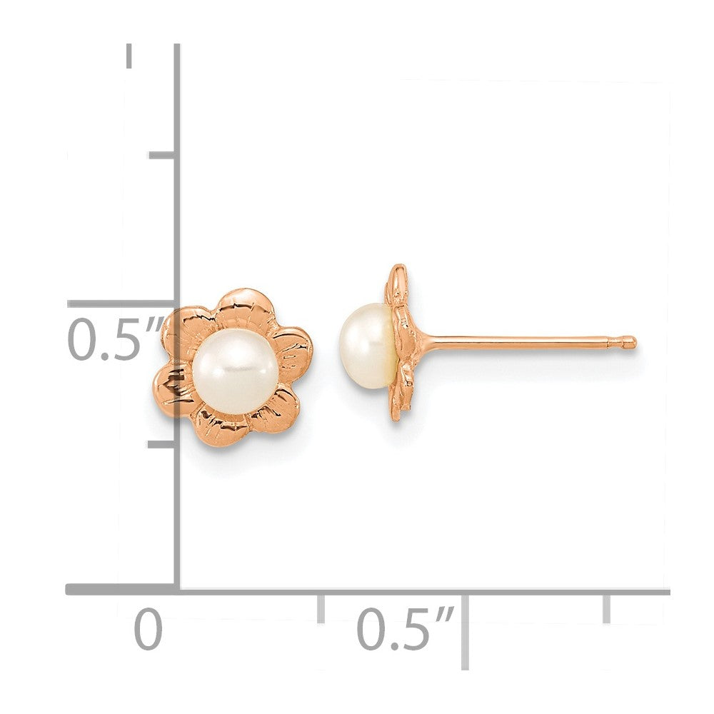 14K Rose Gold 3 4mm White Button Freshwater Cultured Pearl Flower Post Earrings