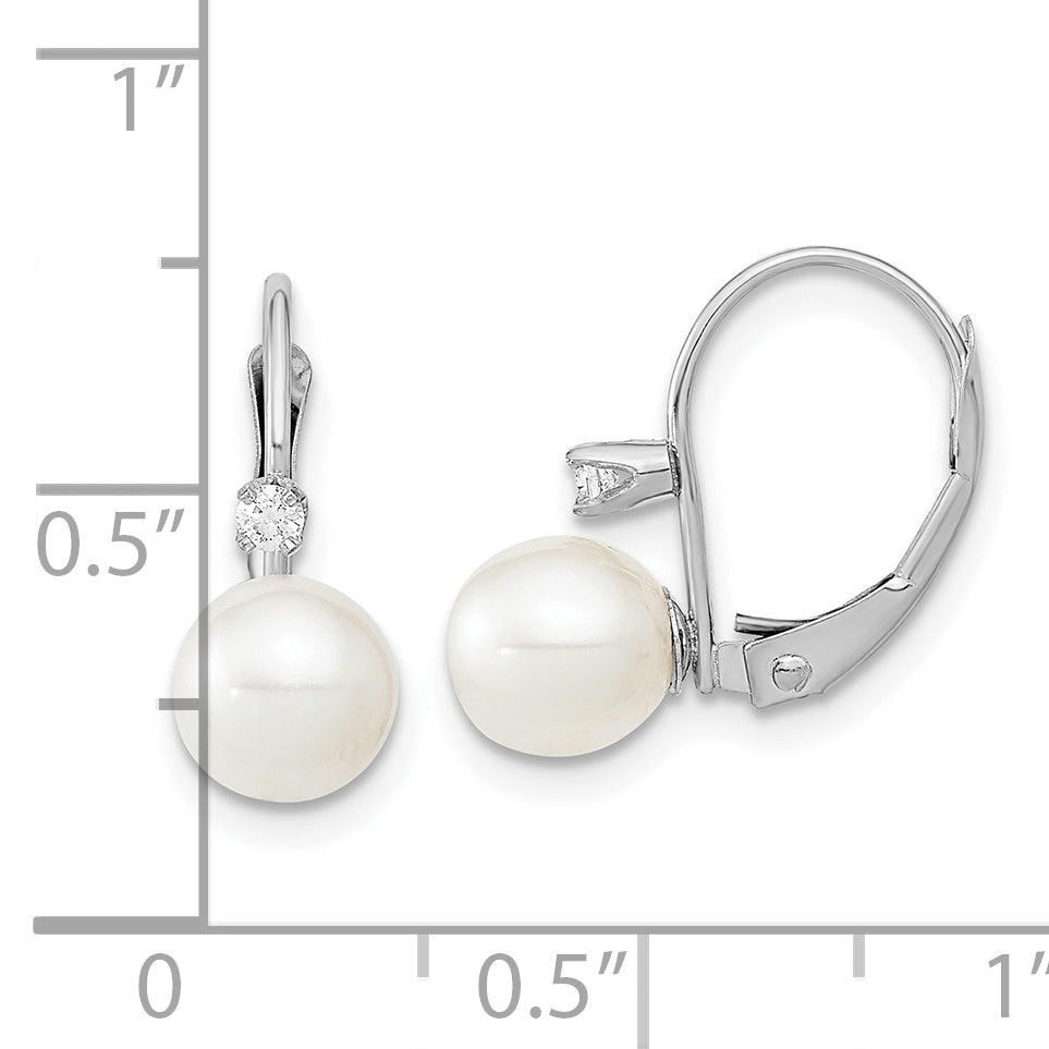 14K White Gold 6 7mm Round Freshwater Cultured Pearl And .06 Carat Diamond Leverback Earrings