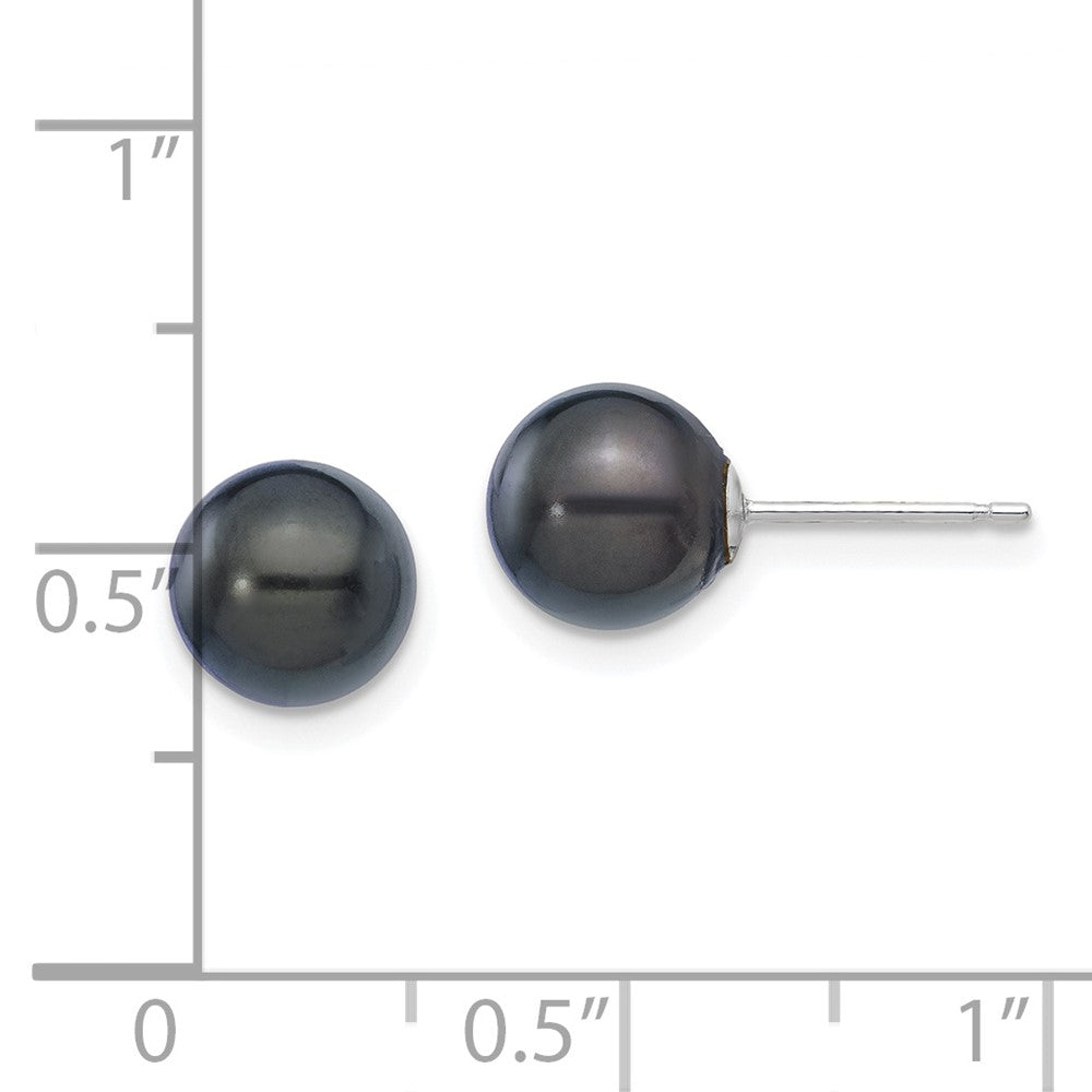 14K White Gold 7 8mm Black Round Akoya Saltwater Cultured Pearl Post Earrings