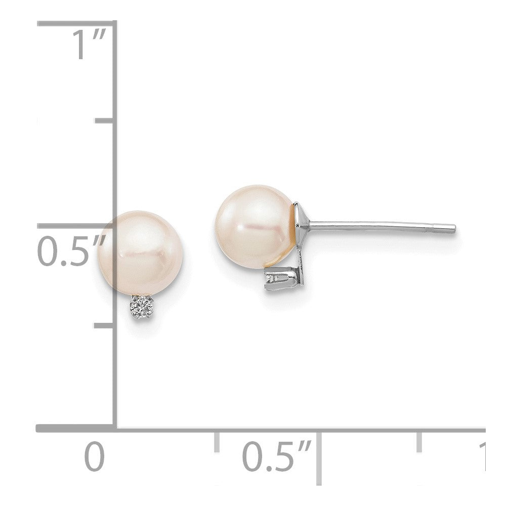 14K White Gold 5 6mm Round Akoya Saltwater And .02 Carat Diamond Earrings