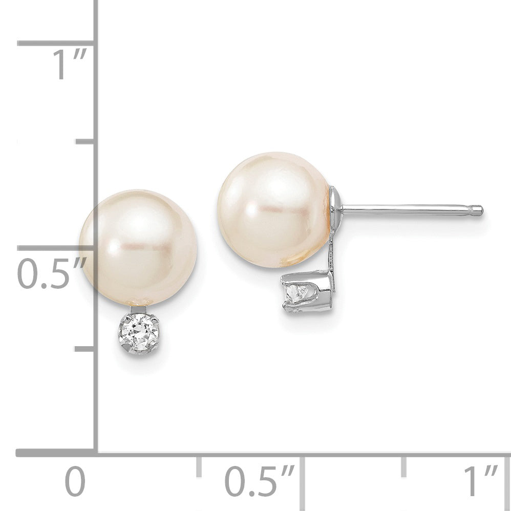 14K White Gold 7 8mm Round Akoya Saltwater Cultured Pearl And .10 Carat Diamond Post Earrings