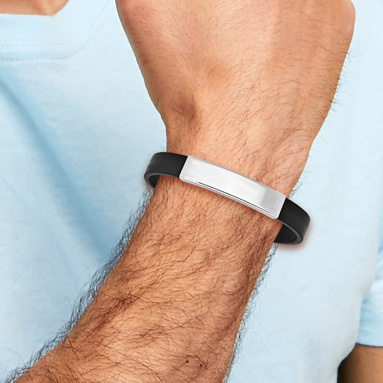 Sterling Silver Rhodium Plated Id Black Rubber Bracelet