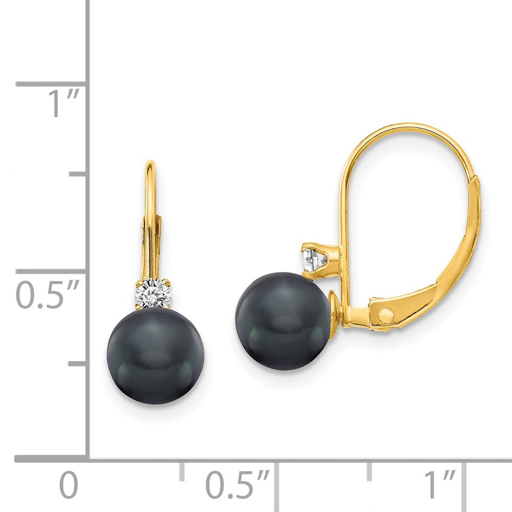 14K Yellow Gold 6 7mm Black Fw Cultured Pearl Aa Diamond Leverback Earrings
