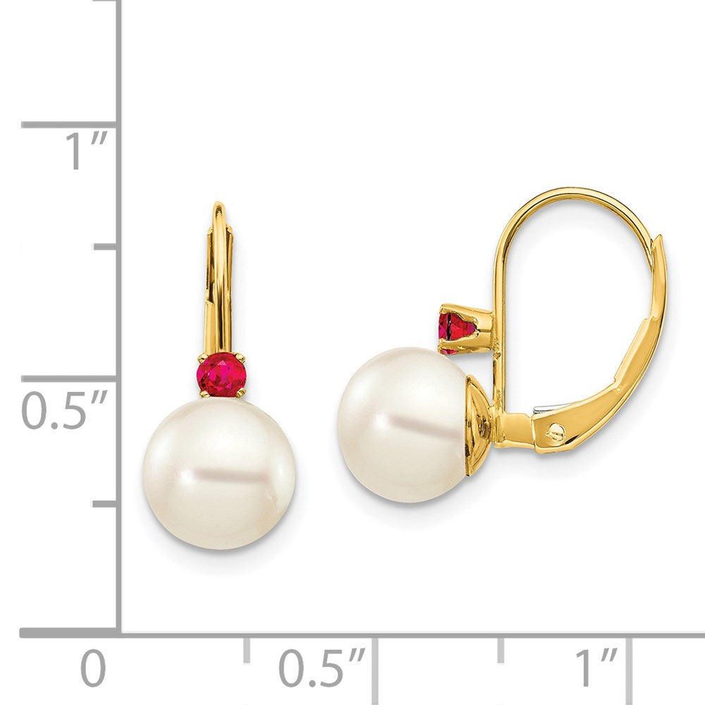 14K Yellow Gold 7 7.5mm White Round Fw Cultured Pearl Ruby Leverback Earrings
