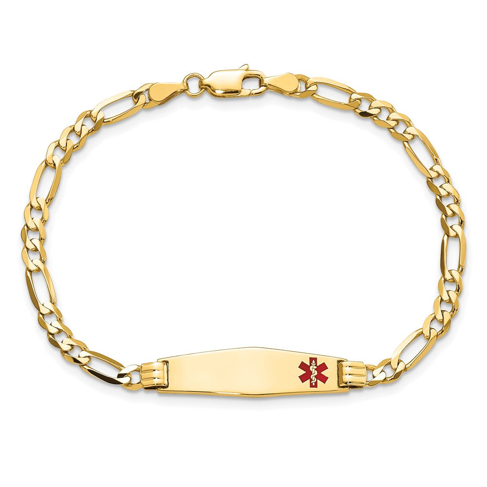 14K Yellow Gold Medical Solid Chain/Solid Plate 26X7mm Soft Diamond Shape Off Center Red Enamel Figaro Link 8 Inch Id Bracelet