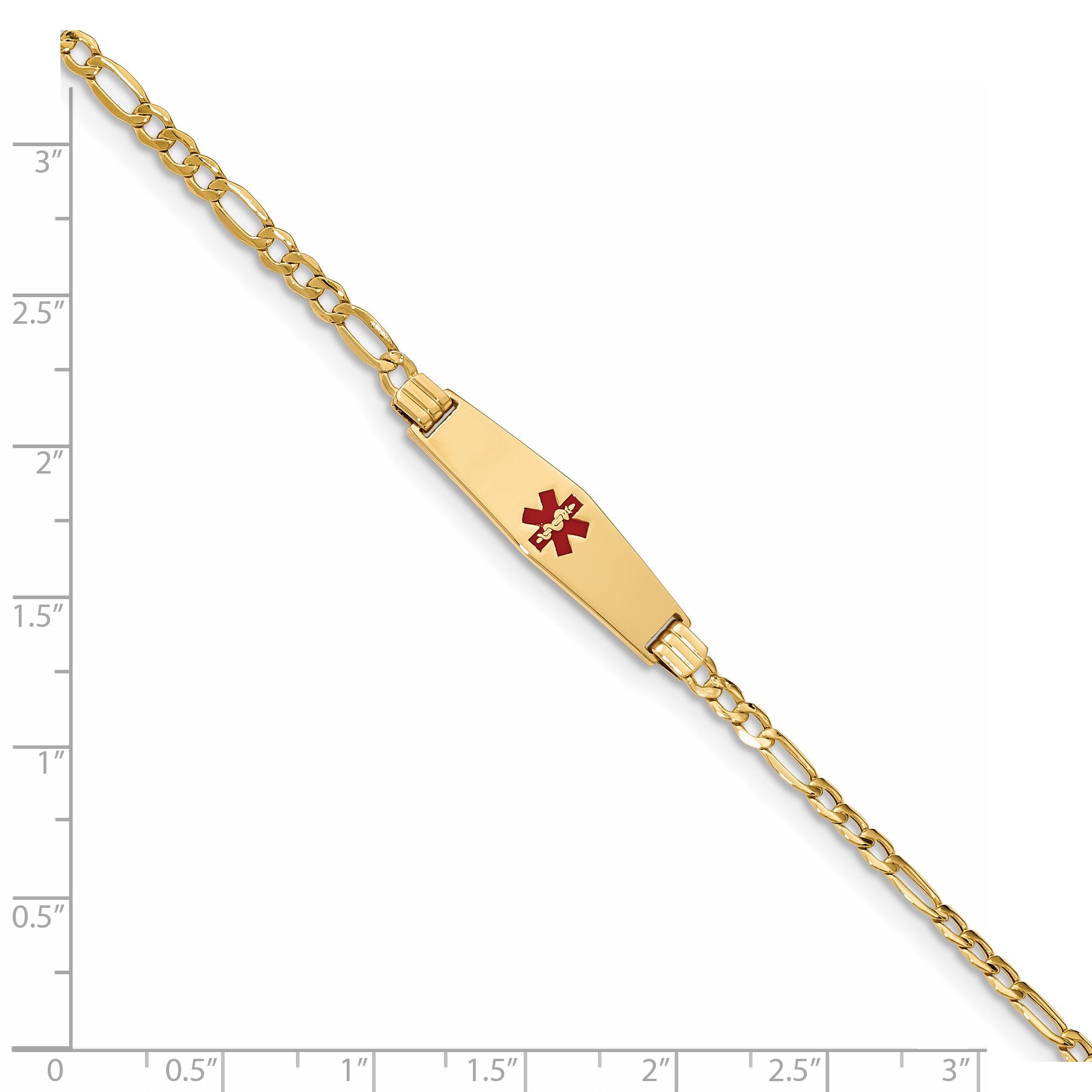 14K Yellow Gold Medical Semi Solid Chain/Solid Plate 26X7mm Soft Diamond Shape Centered Red Enamel Figaro Link 8 Inch Id Bracelet