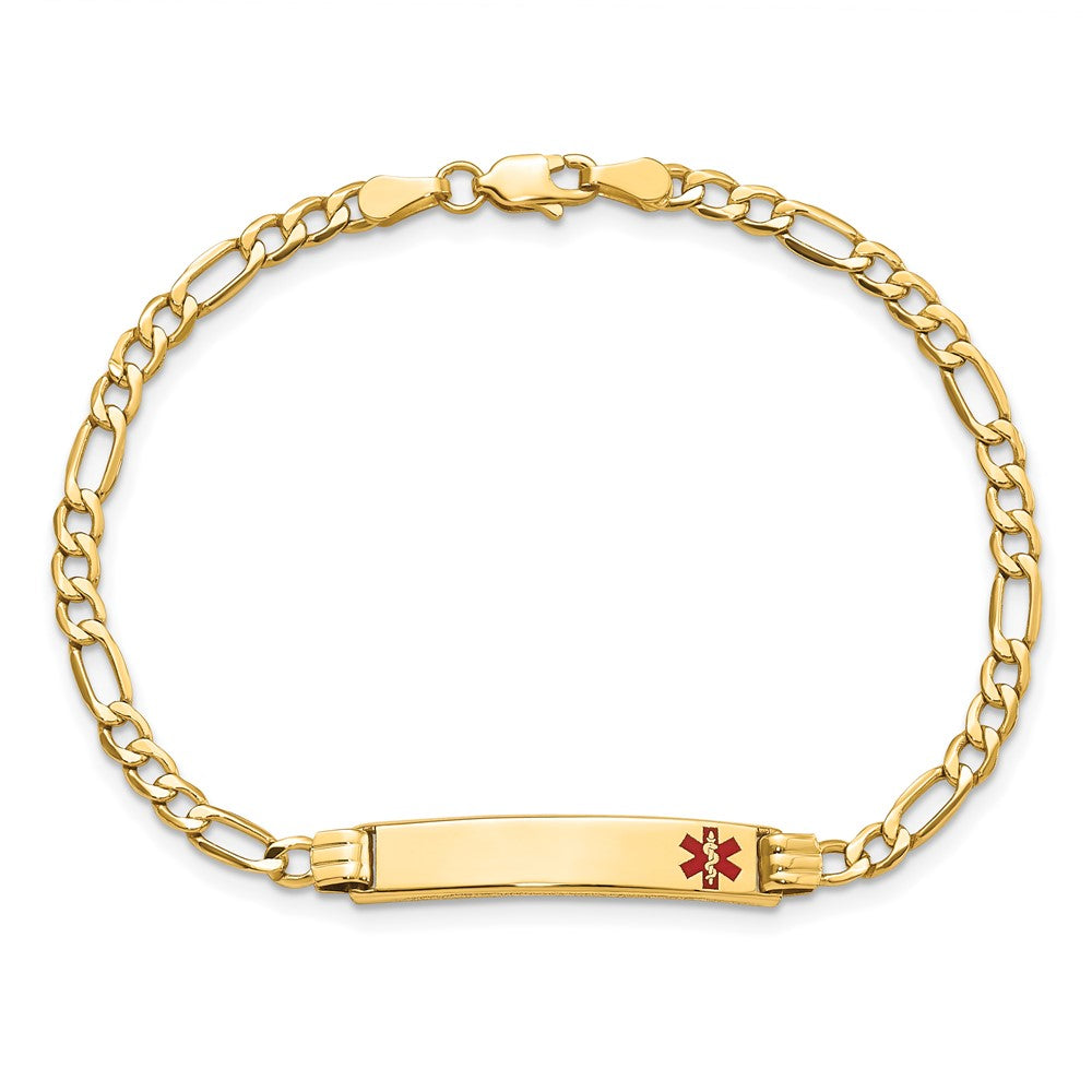 14K Yellow Gold Medical Semi Solid Chain/Solid Plate 26X5mm Off Center Red Enamel Figaro Link 8 Inch Id Bracelet