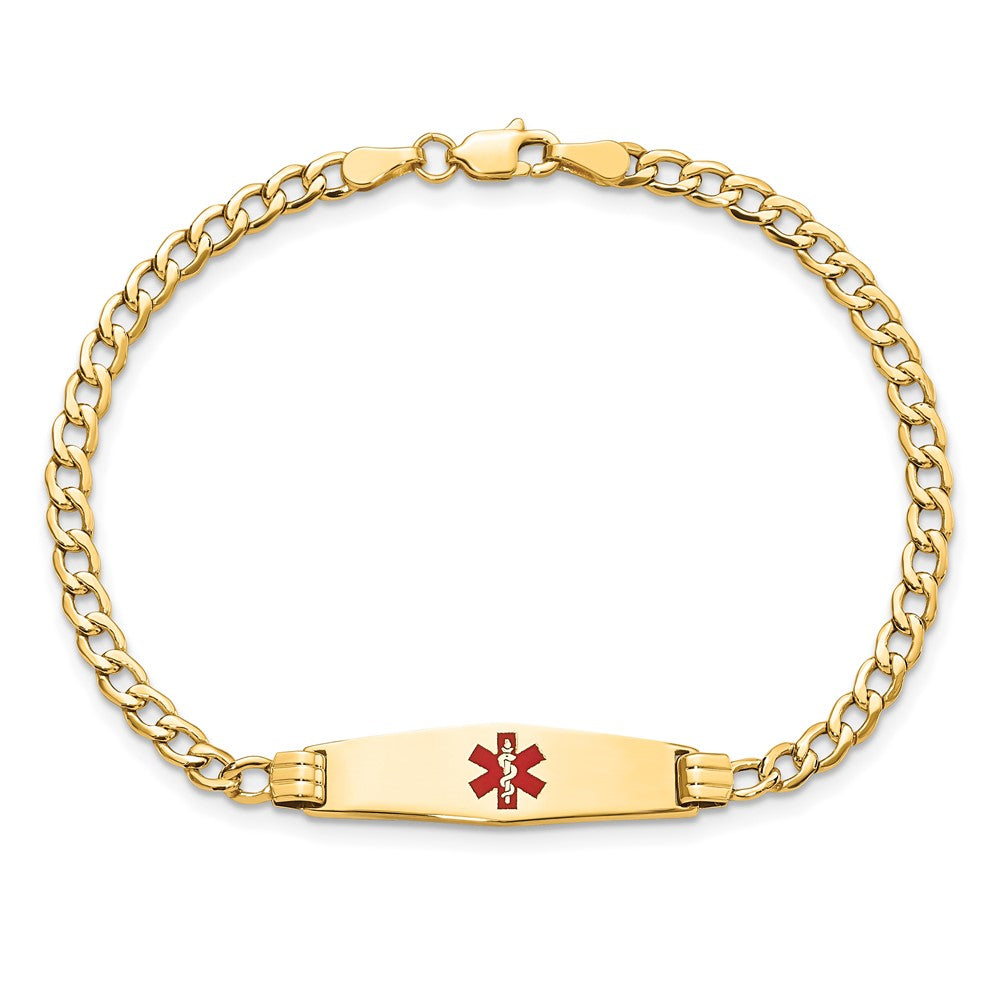 14K Yellow Gold Medical Semi Solid Chain/Solid Plate 26X7mm Soft Diamond Shape Centered Red Enamel Cuban Link 8 Inch Id Bracelet
