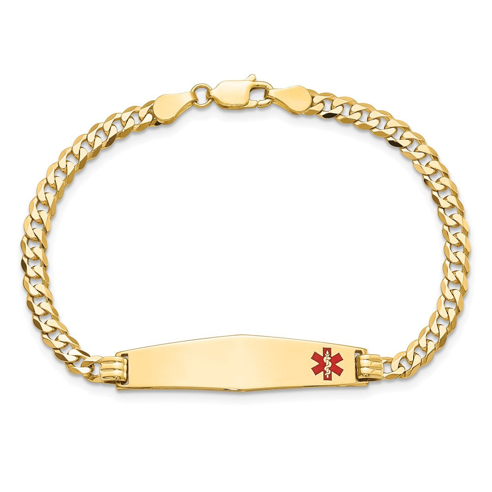 14K Yellow Gold Medical Solid Chain/Solid Plate Soft Diamond Shape 33X8mm Off Center Red Enamel Flat Curb Link 8 Inch Id Bracelet