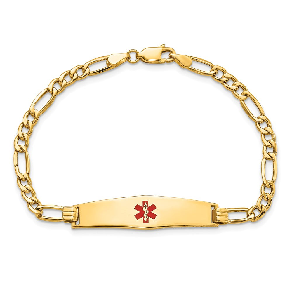 14K Yellow Gold Medical Semi Solid Chain/Solid Plate Soft Diamond Shape 33X8mm Centered Red Enamel Figaro Link 8 Inch Id Bracelet
