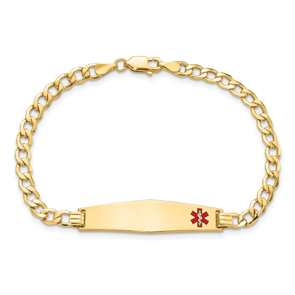 14K Yellow Gold Medical Semi Solid Chain/Solid Plate Soft Diamond Shape 34X8mm Off Center Red Enamel Curb Link 7 Inch Id Bracelet