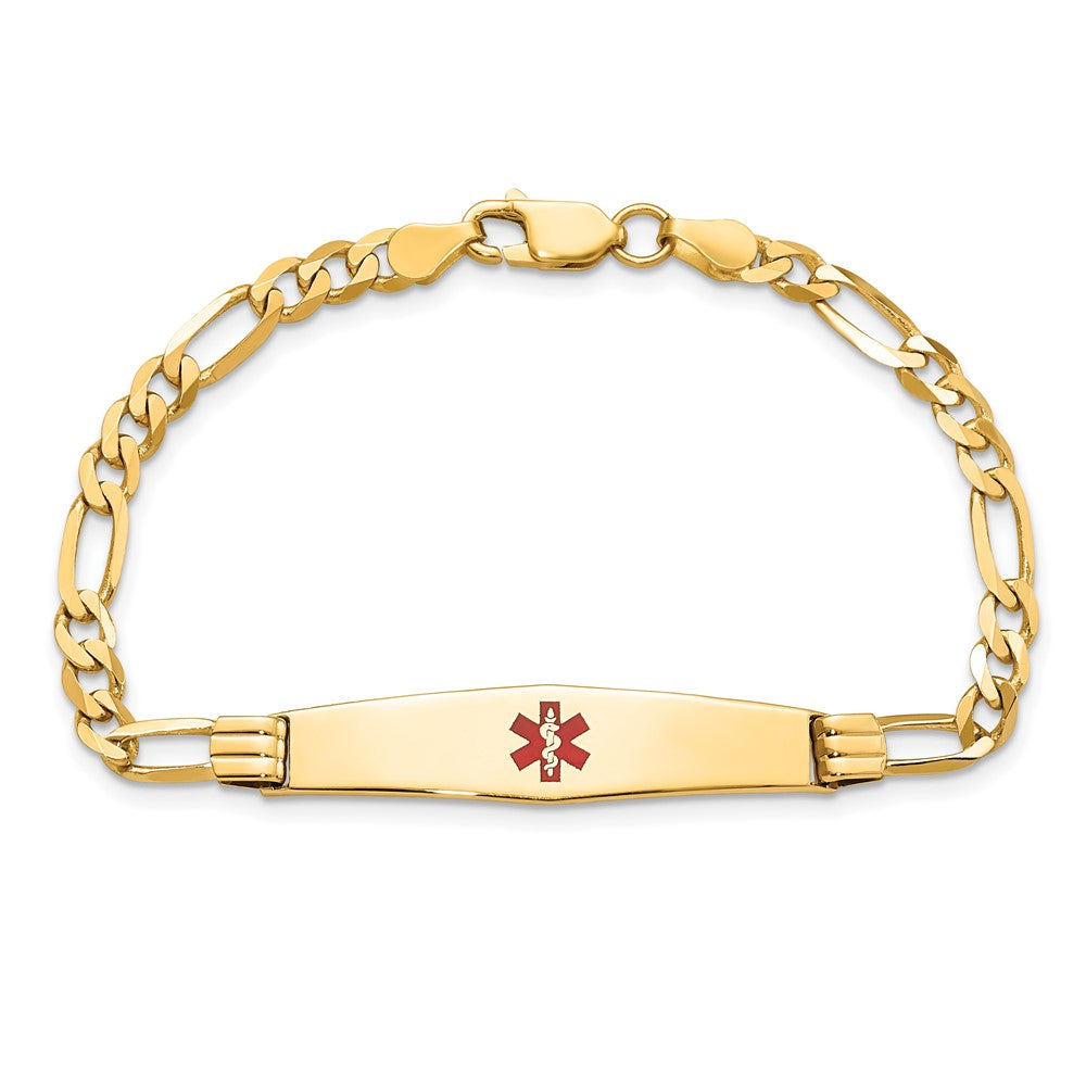 14K Yellow Gold Medical Solid Chain/Solid Plate Soft Diamond Shape 36X9mm Centered Red Enamel Figaro Link 7 Inch Id Bracelet