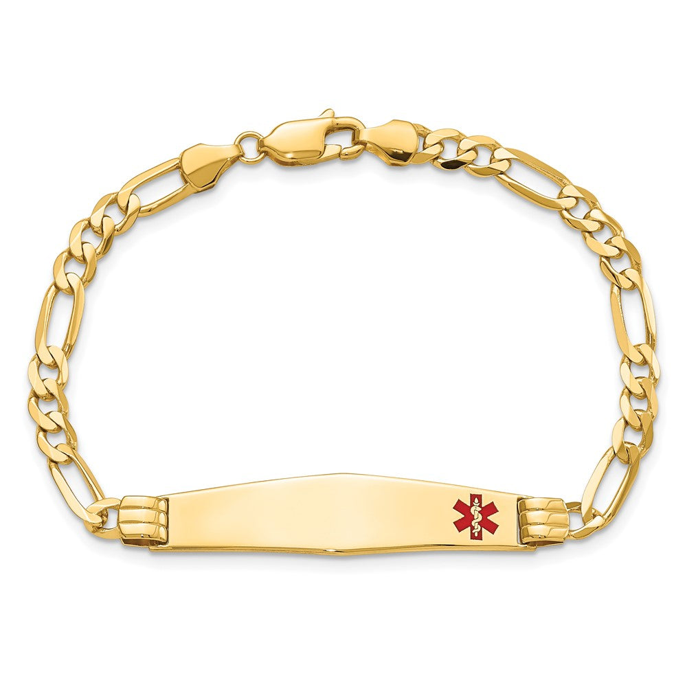 14K Yellow Gold Medical Solid Chain/Solid Plate Soft Diamond Shape 36X9mm Off Center Red Enamel Figaro Link 8 Inch Id Bracelet